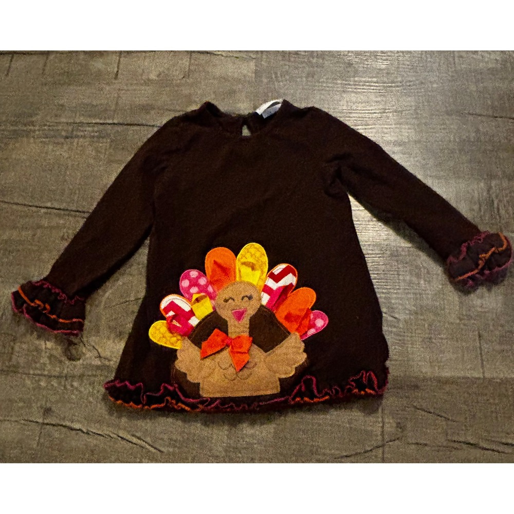 Emily Rose Girls Brown Turkey Applique Long‎ Sleeve Dress Size 5 Thanksgiving